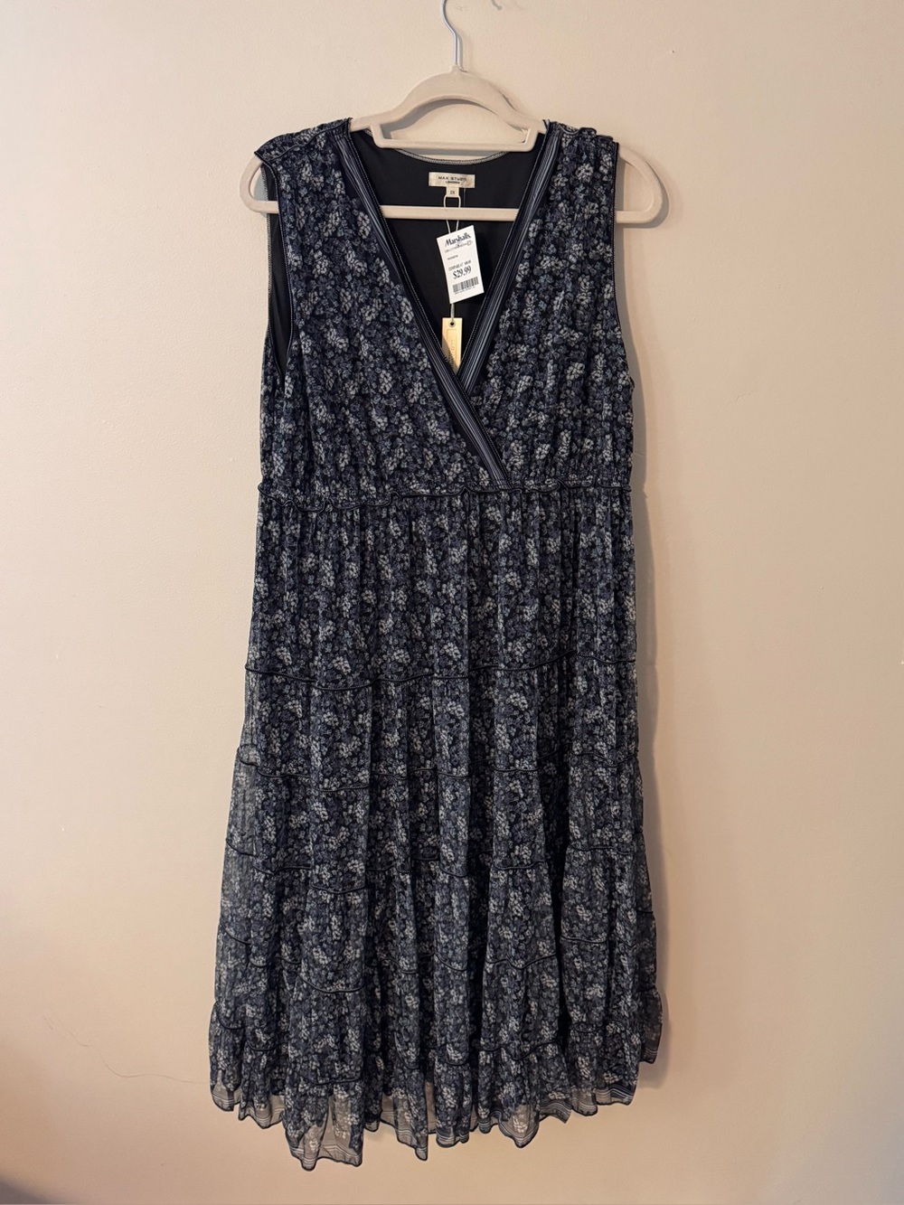 Max Studio London 2X Floral Mesh Tiered Midi Dress NWT Navy Blue